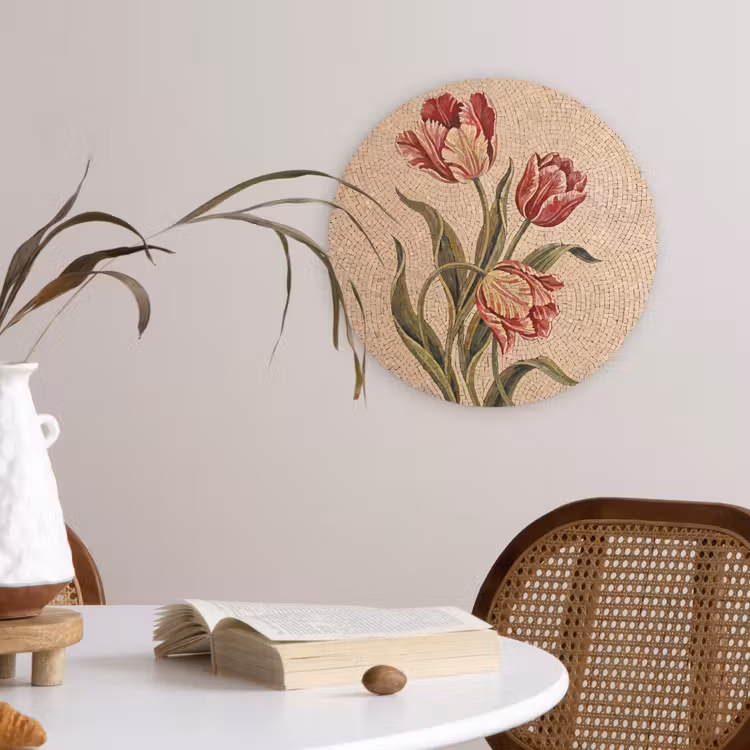 Bloemen - Mozaïek - Rood - Groen - Kunst Wandcirkel kunststof plaat 5mm dik klein -sfeer4