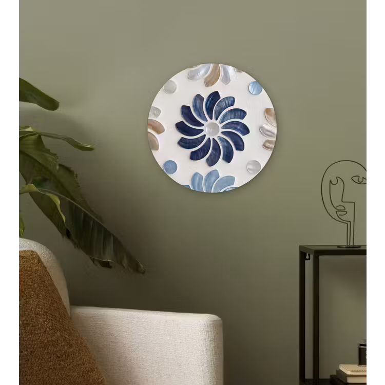 Bloemen - Parelmoer - Abstract - Patroon - Blauw Wandcirkel kunststof plaat 5mm dik klein -sfeer3