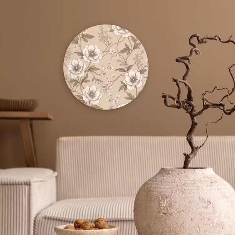 Bloemen - Patroon - Beige Wandcirkel kunststof plaat 5mm dik klein -sfeer1