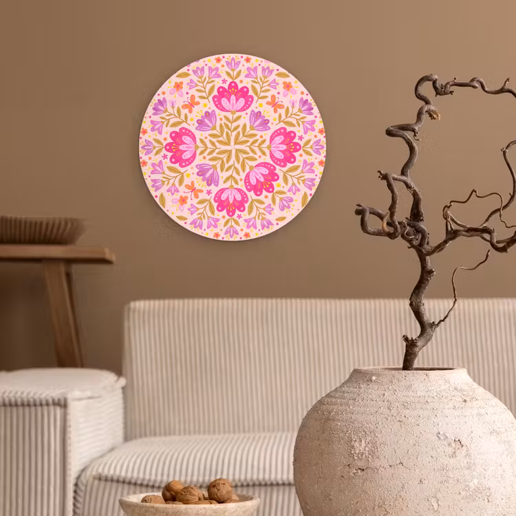 Bloemen - Patroon - Natuur - Abstract - Roze Wandcirkel kunststof plaat 5mm dik klein -sfeer1