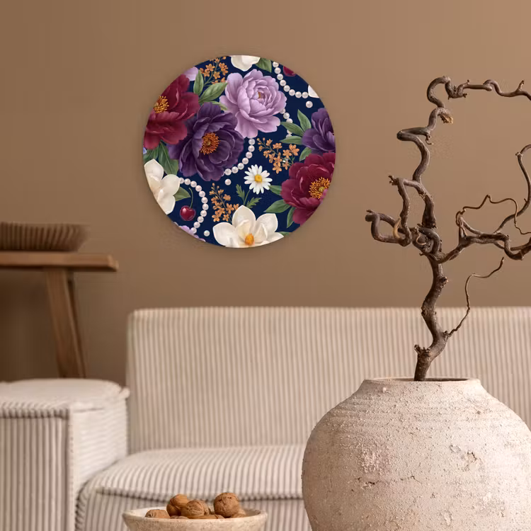 Bloemen - Parels - Decoratie - Modern - Blauw Wandcirkel kunststof plaat 5mm dik klein -sfeer1