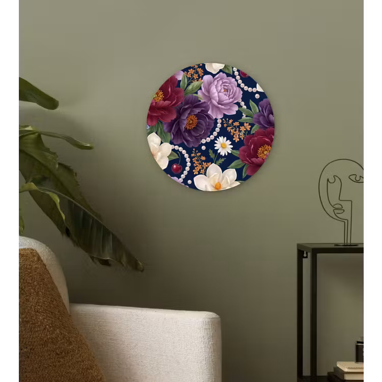 Bloemen - Parels - Decoratie - Modern - Blauw Wandcirkel kunststof plaat 5mm dik klein -sfeer3