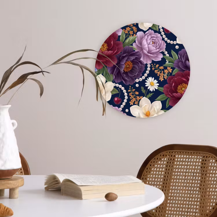 Bloemen - Parels - Decoratie - Modern - Blauw Wandcirkel kunststof plaat 5mm dik klein -sfeer4