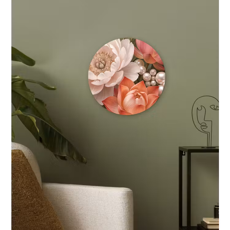 Bloemen - Parels - Elegant - Roze - Wit Wandcirkel kunststof plaat 5mm dik klein -sfeer3
