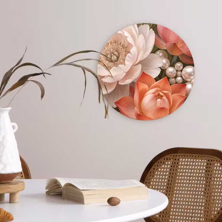 Bloemen - Parels - Elegant - Roze - Wit Wandcirkel kunststof plaat 5mm dik klein -sfeer4