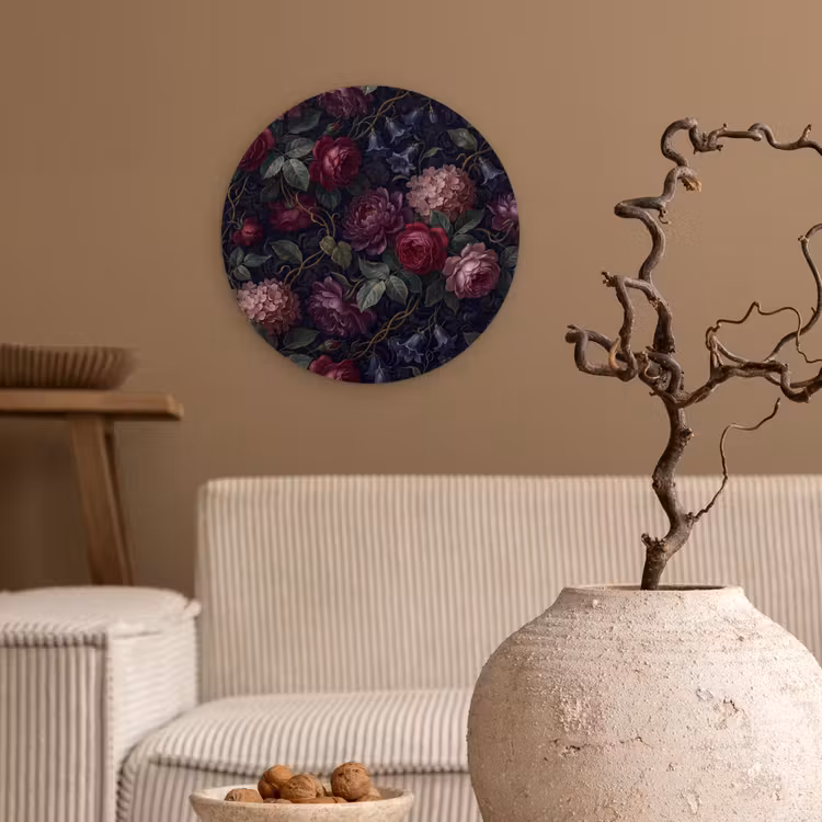 Bloemen - Rood - Klassiek - Donker - Patroon Wandcirkel kunststof plaat 5mm dik klein -sfeer1