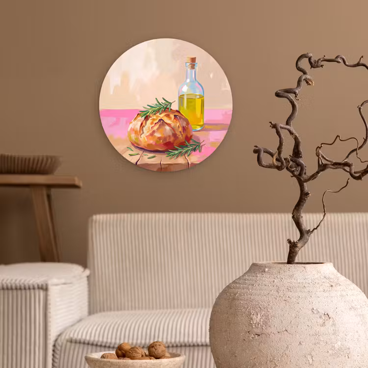 Eten - Brood - Olijfolie - Abstract - Keuken Wandcirkel kunststof plaat 5mm dik klein -sfeer1