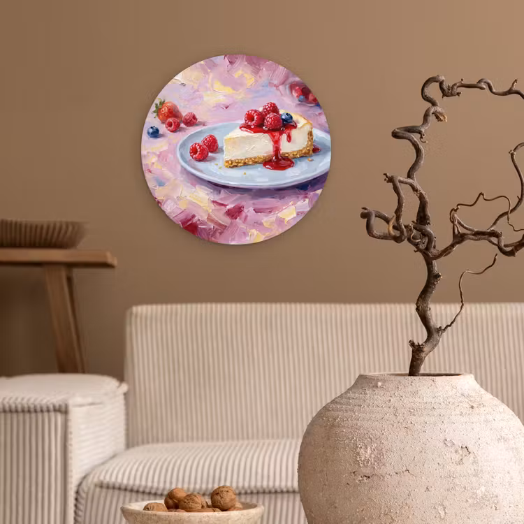 Eten - Cheesecake - Bessen - Abstract - Roze Wandcirkel kunststof plaat 5mm dik klein -sfeer1