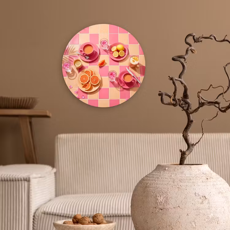 Eten - Citrusvruchten - Stillevens - Roze - Oranje Wandcirkel kunststof plaat 5mm dik klein -sfeer1