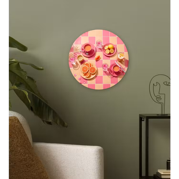 Eten - Citrusvruchten - Stillevens - Roze - Oranje Wandcirkel kunststof plaat 5mm dik klein -sfeer3