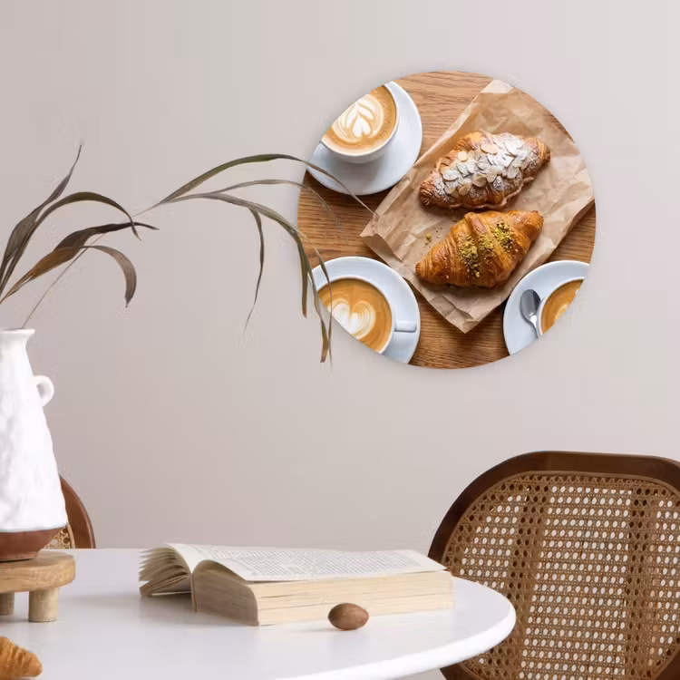 Eten - Croissant - Koffie - Ontbijt - Modern Wandcirkel kunststof plaat 5mm dik klein -sfeer4