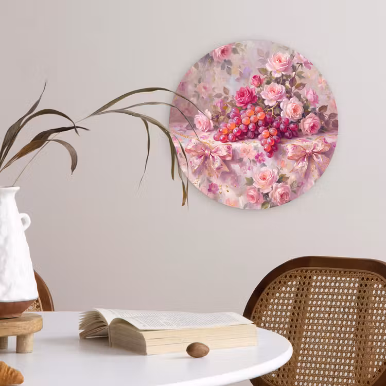 Eten - Bloemen - Stilleven - Roze - Goud Wandcirkel kunststof plaat 5mm dik klein -sfeer4