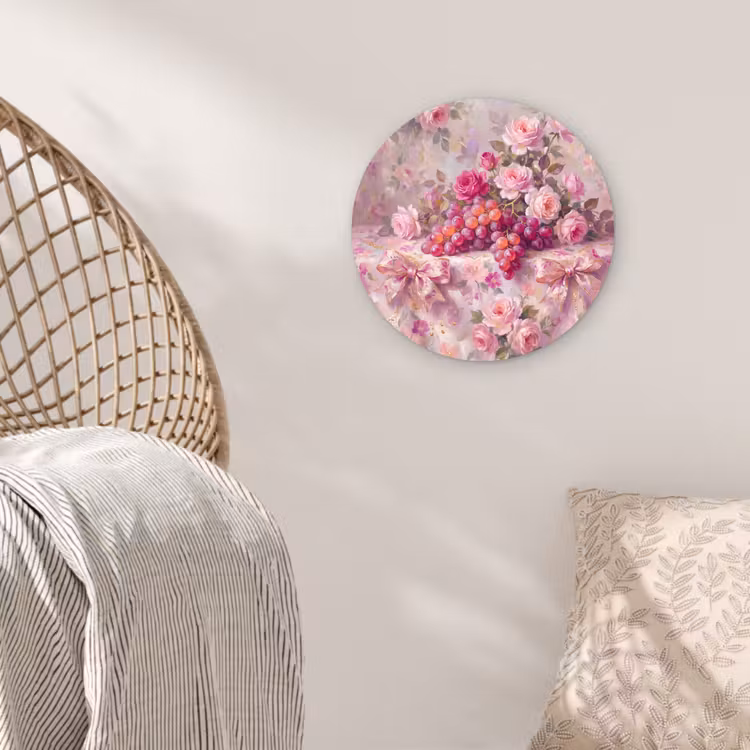 Eten - Bloemen - Stilleven - Roze - Goud Wandcirkel kunststof plaat 5mm dik klein -sfeer5