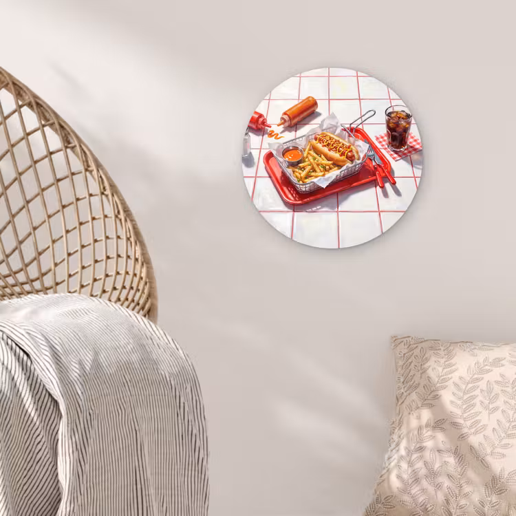 Eten - Hotdog - Fastfood - Modern - Rood Wandcirkel kunststof plaat 5mm dik klein -sfeer5