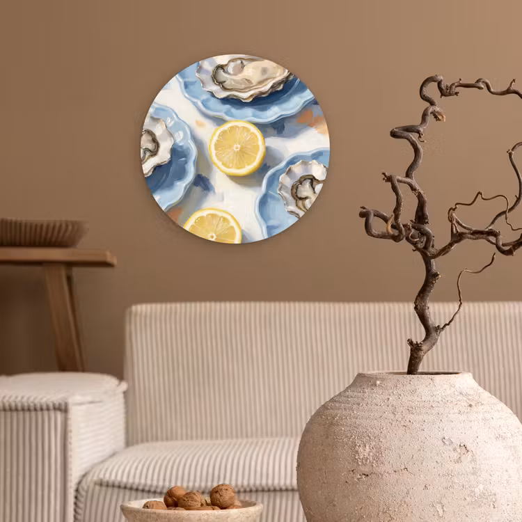Eten - Oesters - Citroenen - Modern - Geel Wandcirkel kunststof plaat 5mm dik klein -sfeer1