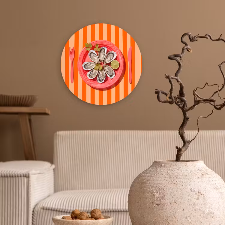 Eten - Oester - Zeevruchten - Oranje - Modern Wandcirkel kunststof plaat 5mm dik klein -sfeer1