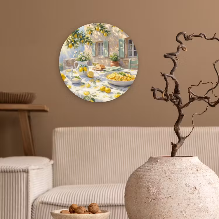 Eten - Terras - Zomer - Geschilderd - Geel Wandcirkel kunststof plaat 5mm dik klein -sfeer1