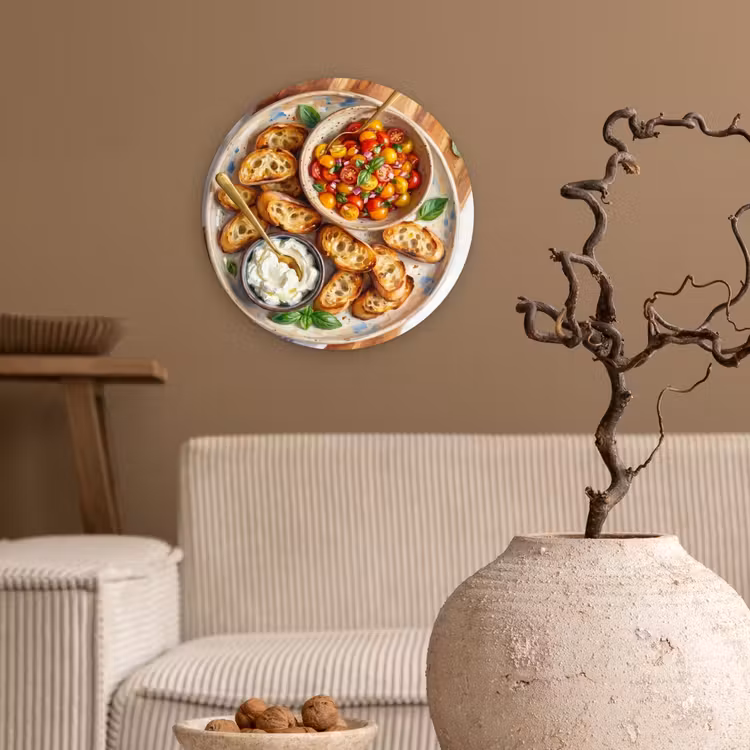Eten - Tomaat - Brood - Kleurrijk - Keuken Wandcirkel kunststof plaat 5mm dik klein -sfeer1