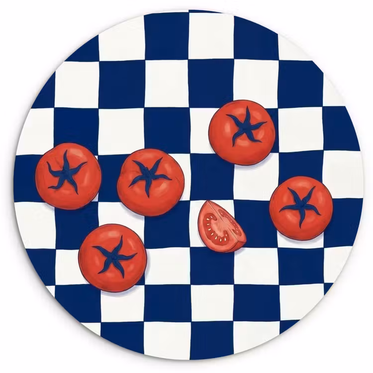 Eten - Tomaten - Keuken - Illustratie - Rood-Blauw Wandcirkel kunststof plaat 5mm dik klein -3d