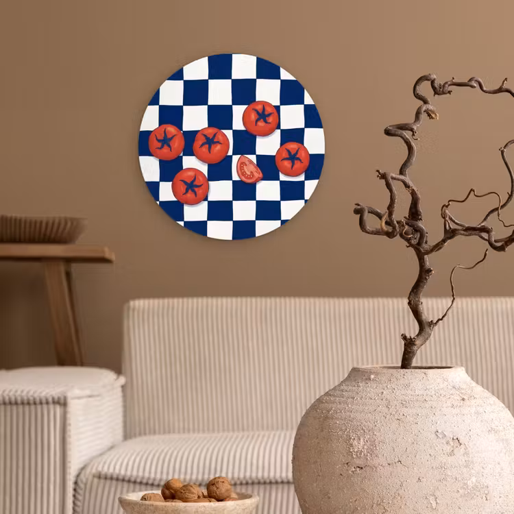 Eten - Tomaten - Keuken - Illustratie - Rood-Blauw Wandcirkel kunststof plaat 5mm dik klein -sfeer1