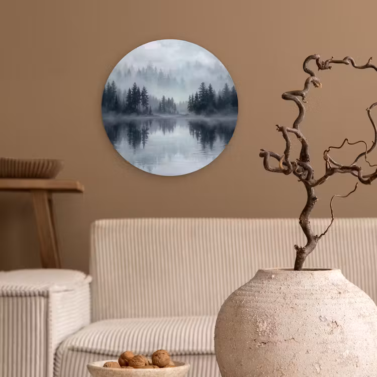 Bos - Meer - Mist - Natuur - Grijs Wandcirkel kunststof plaat 5mm dik klein -sfeer1