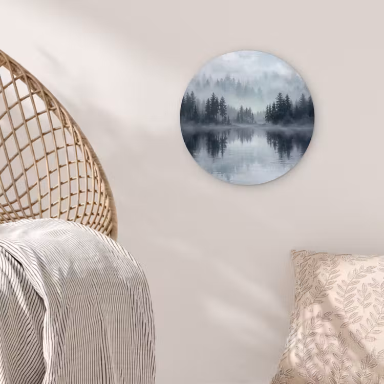 Bos - Meer - Mist - Natuur - Grijs Wandcirkel kunststof plaat 5mm dik klein -sfeer5