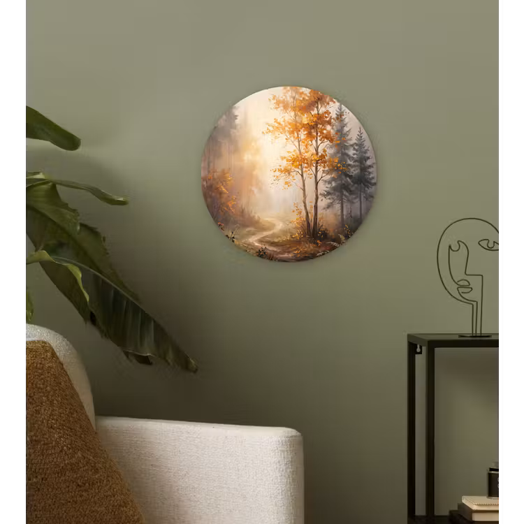 Bospad - Herfstbladeren - Natuur - Schilderachtig - Oranje Wandcirkel kunststof plaat 5mm dik klein -sfeer3