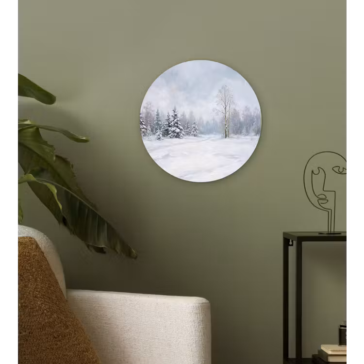 Bospad - Dennen - Sneeuw - Winter - Rustgevend Wandcirkel kunststof plaat 5mm dik klein -sfeer3