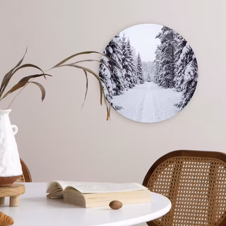 Bos - Winter - Sneeuw - Pad - Natuur Wandcirkel kunststof plaat 5mm dik klein -sfeer4