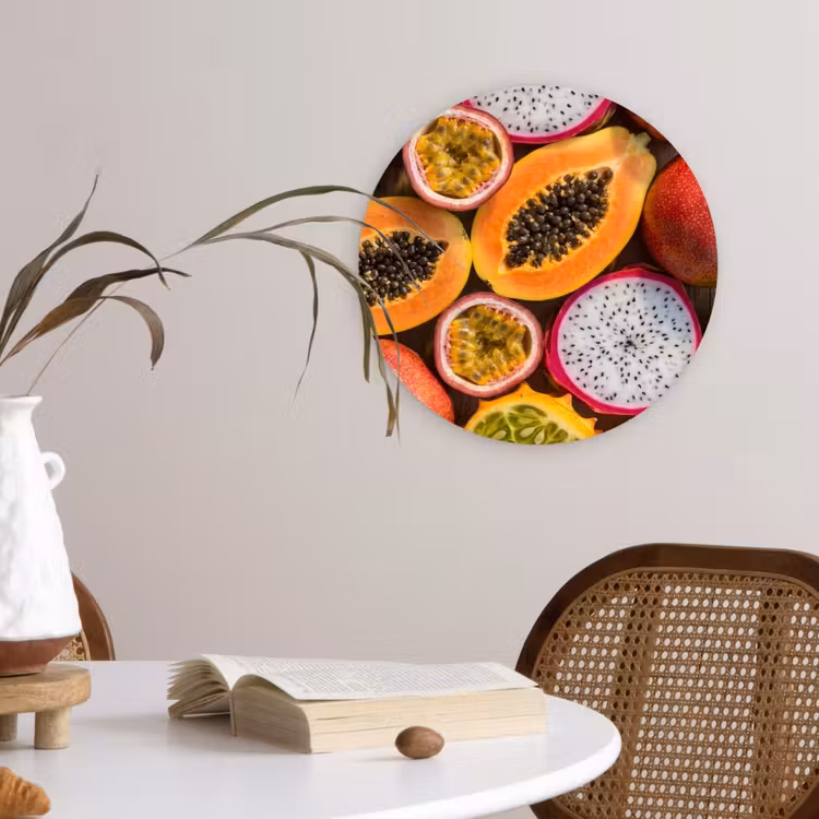 Fruit - Geopend - Tropisch - Eten - Kleurrijk Wandcirkel kunststof plaat 5mm dik klein -sfeer4