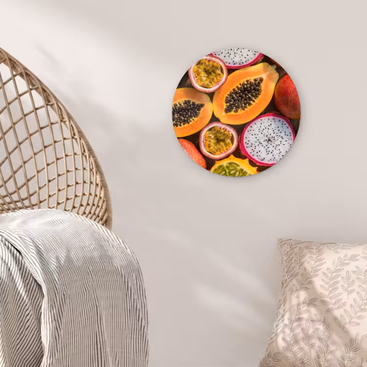 Fruit - Geopend - Tropisch - Eten - Kleurrijk Wandcirkel kunststof plaat 5mm dik klein -sfeer5