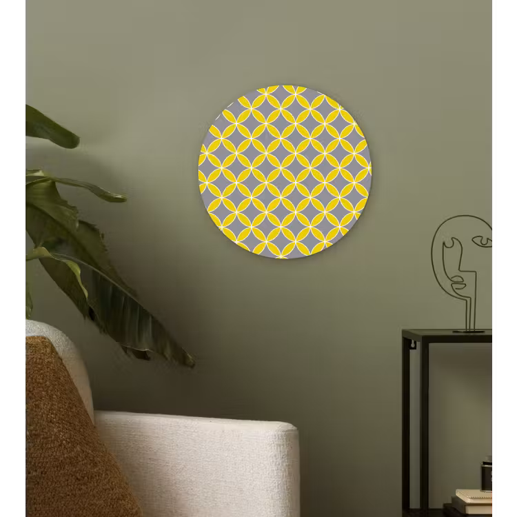 Geometrisch - Cirkels - Modern - Grijs - Geel Wandcirkel kunststof plaat 5mm dik klein 188 -sfeer3