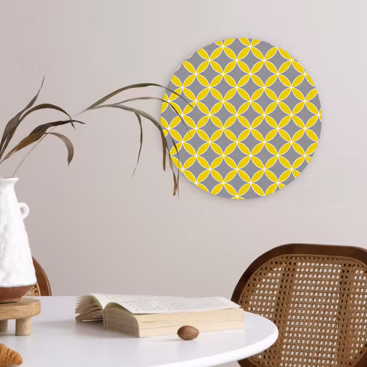 Geometrisch - Cirkels - Modern - Grijs - Geel Wandcirkel kunststof plaat 5mm dik klein 188 -sfeer4