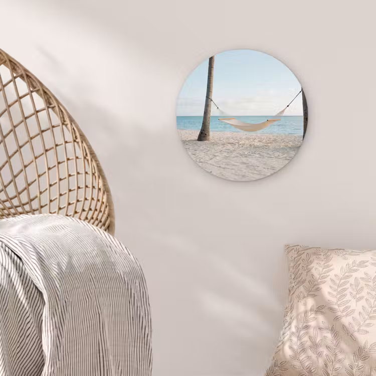 Hangmat - Strand - Wit Wandcirkel kunststof plaat 5mm dik klein -sfeer5
