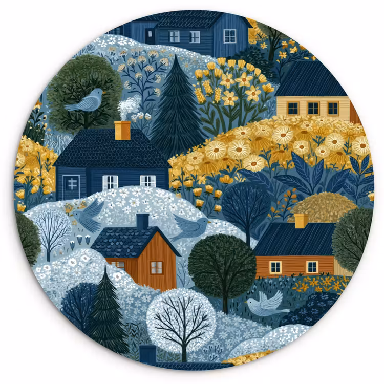 Huisjes - Bloemen - Patroon - Geel - Blauw Wandcirkel kunststof plaat 5mm dik klein 188 -3d