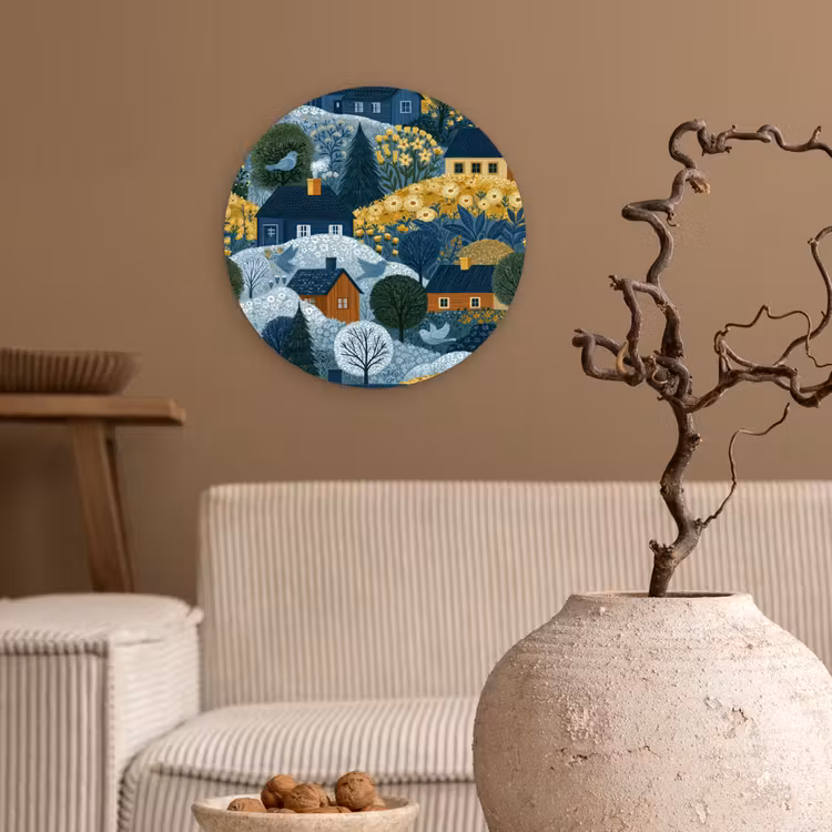 Huisjes - Bloemen - Patroon - Geel - Blauw Wandcirkel kunststof plaat 5mm dik klein 188 -sfeer1