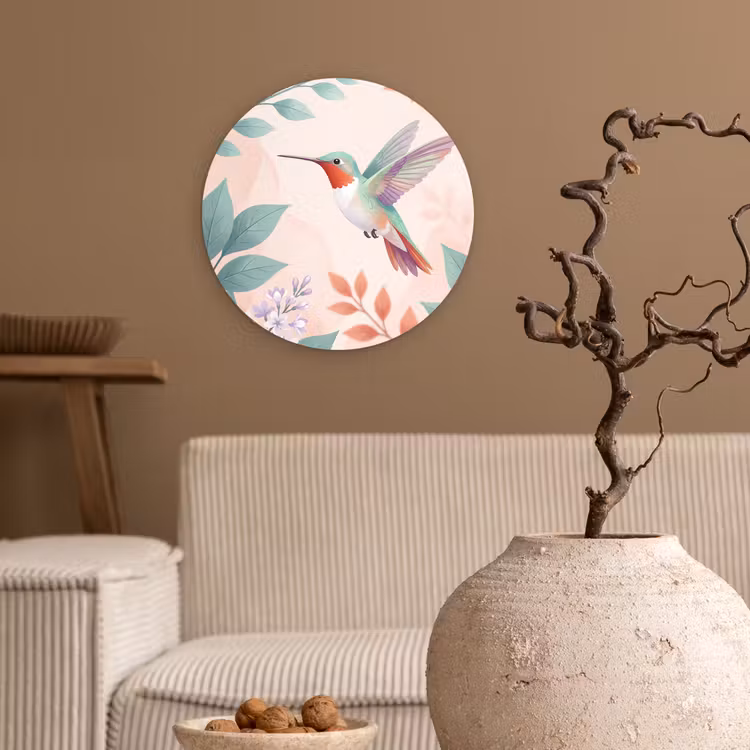 Kolibrie - Vliegen - Natuur - Illustratie - Kleurrijk Wandcirkel kunststof plaat 5mm dik klein -sfeer1