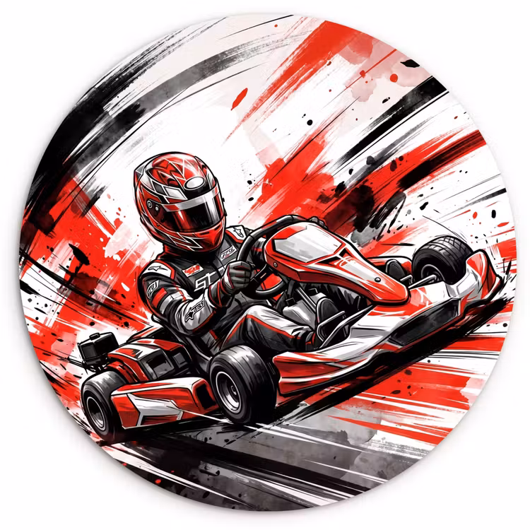 Kart - Coureur - Snelheid - Rood Wandcirkel kunststof plaat 5mm dik klein -3d