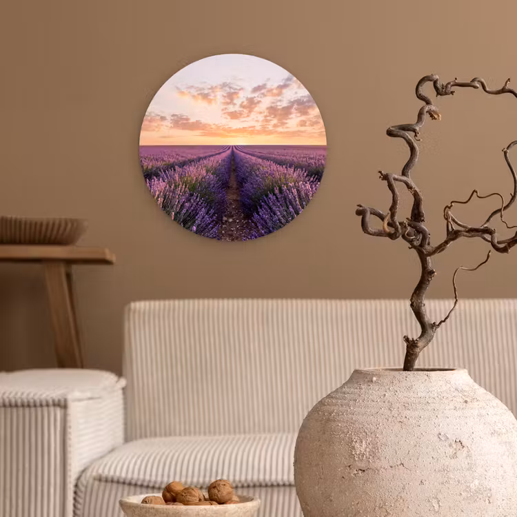 Landschap - Lavendelveld - Paars Wandcirkel kunststof plaat 5mm dik klein -sfeer1