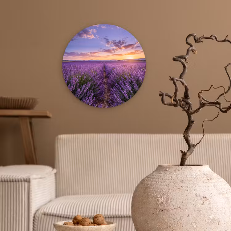Lavendel - Veld - Natuur - Paars Wandcirkel kunststof plaat 5mm dik klein -sfeer1