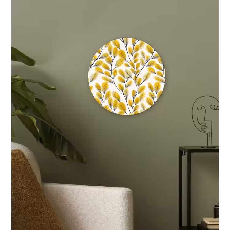 Bladeren - Botanisch - Elegant - Geel - Zwart Wandcirkel kunststof plaat 5mm dik klein 188 -sfeer3