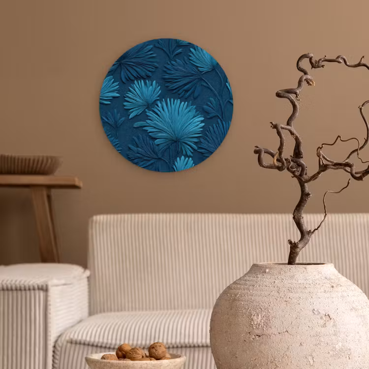 Bladeren - Reliëf - Patroon - Oceaanblauw - Modern Wandcirkel kunststof plaat 5mm dik klein 188 -sfeer1