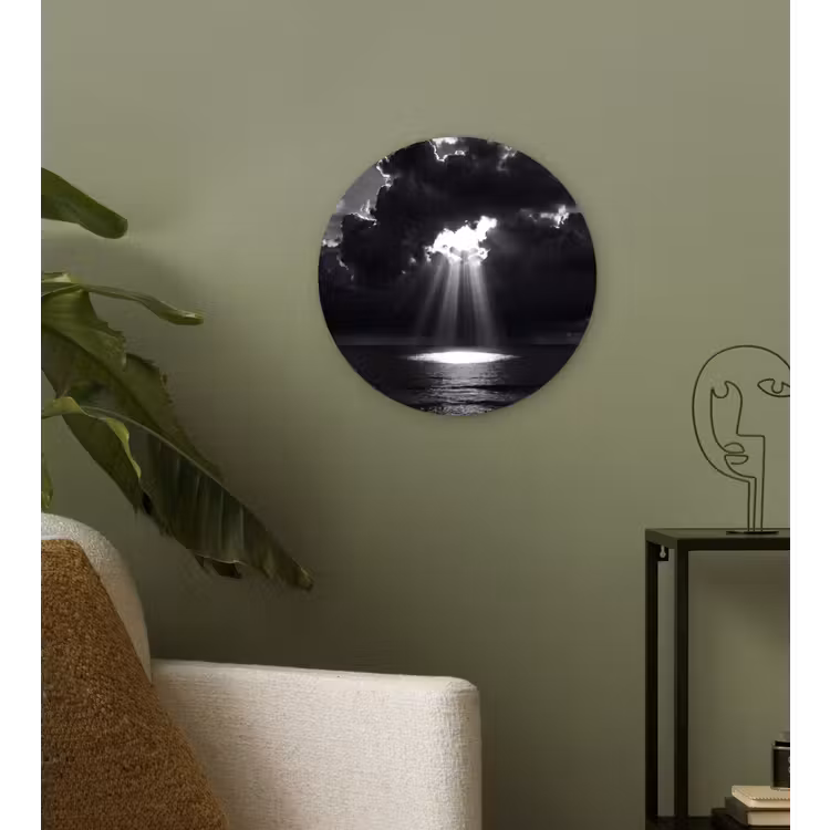 Licht - Wolken - Zee - Zwart-wit - Natuur Wandcirkel kunststof plaat 5mm dik klein -sfeer3