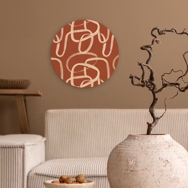 Lijnen - Abstract - Organisch - Terracotta - Crème Wandcirkel kunststof plaat 5mm dik klein 188 -sfeer1