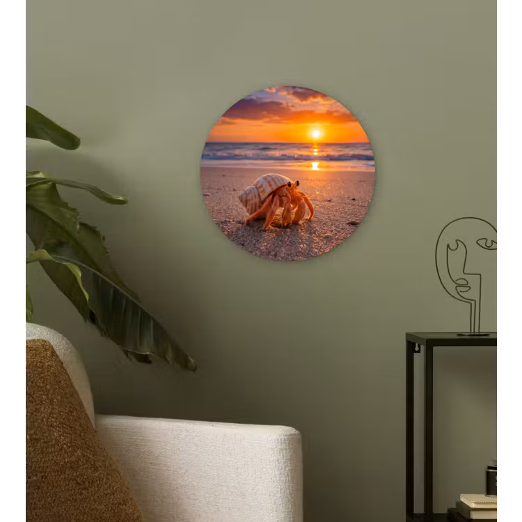 Kreeft - Strand - Natuur - Zonsondergang - Oranje Wandcirkel kunststof plaat 5mm dik klein -sfeer3