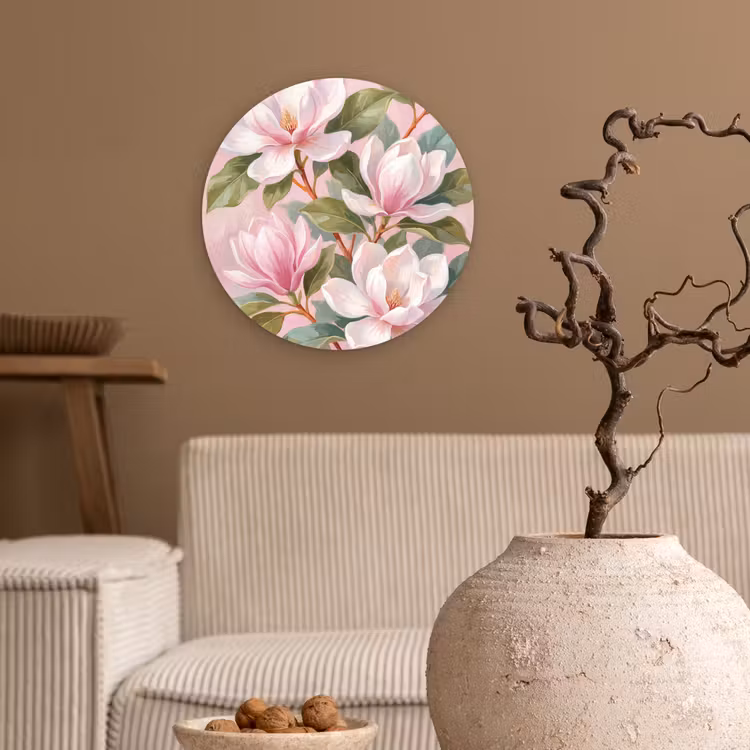 Magnolia's - Patroon - Roze Wandcirkel kunststof plaat 5mm dik klein -sfeer1