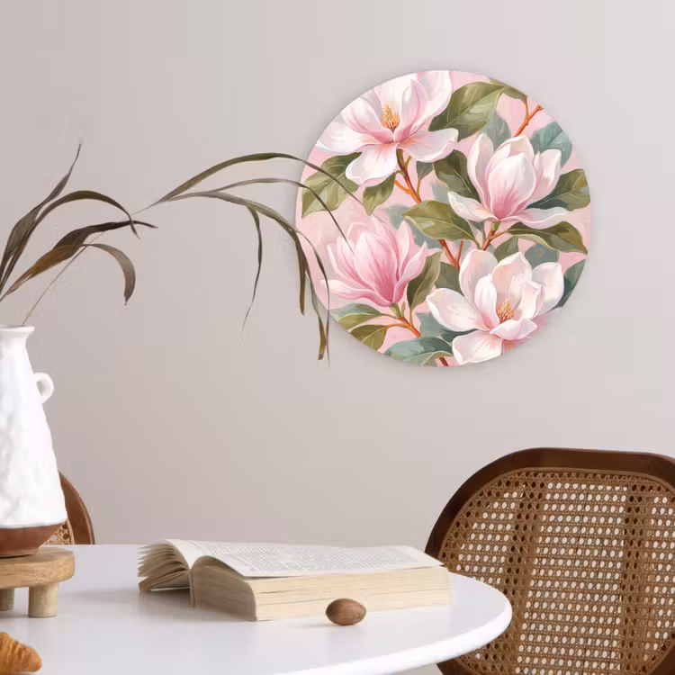 Magnolia's - Patroon - Roze Wandcirkel kunststof plaat 5mm dik klein -sfeer4