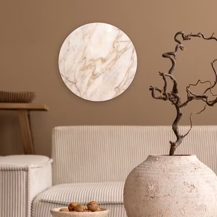 Marmer - Ader - Abstract - Wit - Goud Wandcirkel kunststof plaat 5mm dik klein -sfeer1