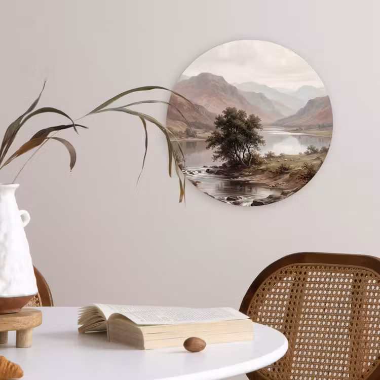 Berglandschap - Meer - Bergen - Vallei - Klassiek Wandcirkel kunststof plaat 5mm dik klein -sfeer4