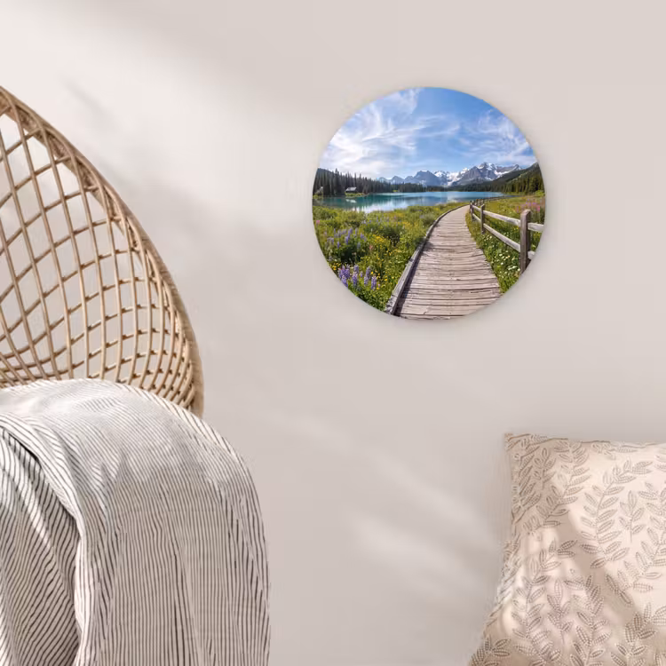 Bergen - Meer - Landschap - Blauw Wandcirkel kunststof plaat 5mm dik klein -sfeer5